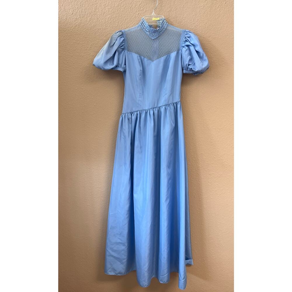 Vintage 80s blue lace ruffle puff sleeve prom dress size S